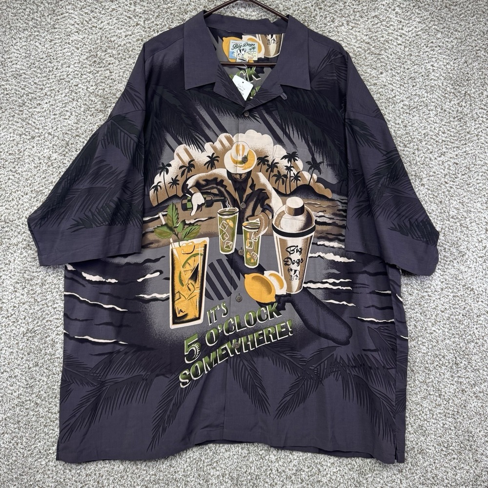 New Big Dogs Shirt Mens 3XL Hawaiian Geometric Its 5 O'clock Somewhere Button Up